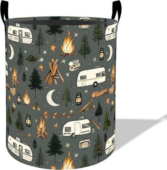 Camping Trailer Laundry Basket Hamper 19.7"x15.8", Organizer Bins Gifts for Kids Boys Girls, Retro Camper Foldable Waterproof Oxford Clothes Storage Bucket for Bedroom Bathroom Decor