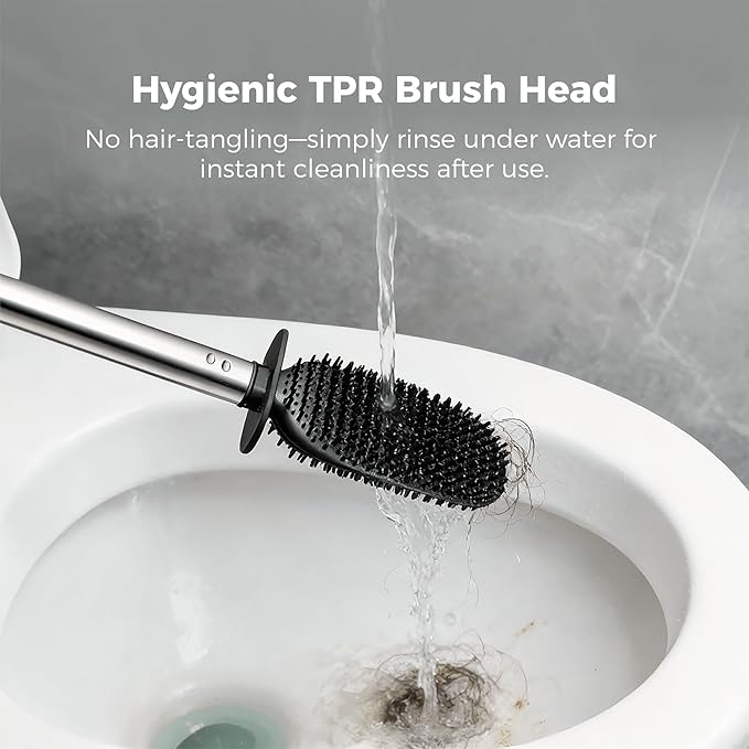 Sineng Silicone Toilet Brush and Holder Set, Stainless Steel Toilet Cleaning Brush, One-Piece Long Handle, Flexible Compact Modern RV Toilet Bowl Brush for Bathroom, 2Pack