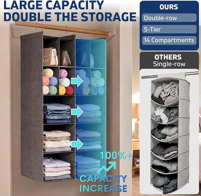 Ofiray-home 5 Tier Hanging Closet Organizer, 14 Compartments Sweater Organizer for Closet with 3 Sturdy Hooks, Closet Organizers and Storage, Wardrobe, Rv, Garment Rack, Grey