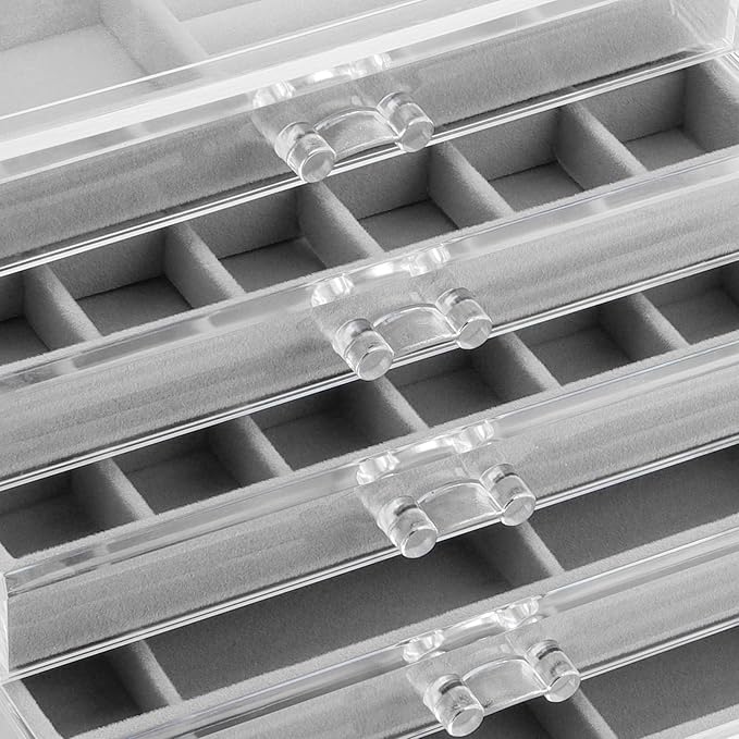 GUOER Earring Organizer, Acrylic Jewelry Box with 5 Drawers for Women, Grey | Clear Earring Holder Organizer Box, Stud Earring Ring Display Storage Case Large, Adjustable Velvet Trays Girls Gifts