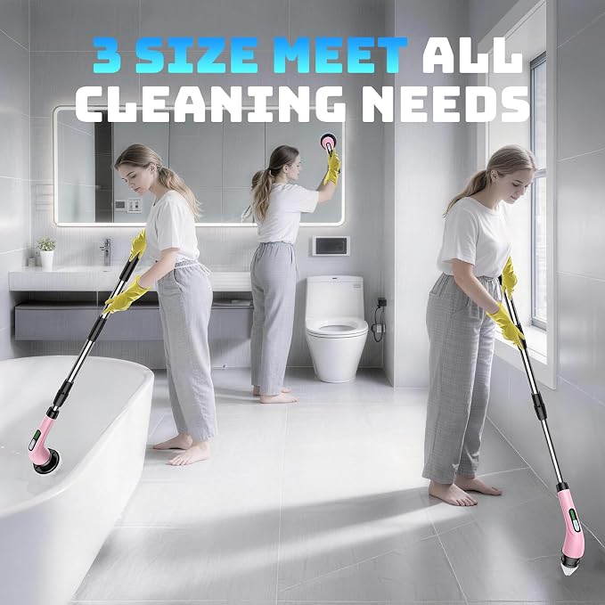 Electric Spin Scrubber, 2-Speed Cleaning Brush, Extendable Handle (Pink) | Includes 7 reusable brush heads and an IPX7-rated design for cleaning bathrooms, showers, kitchens, tile, floors, and grout