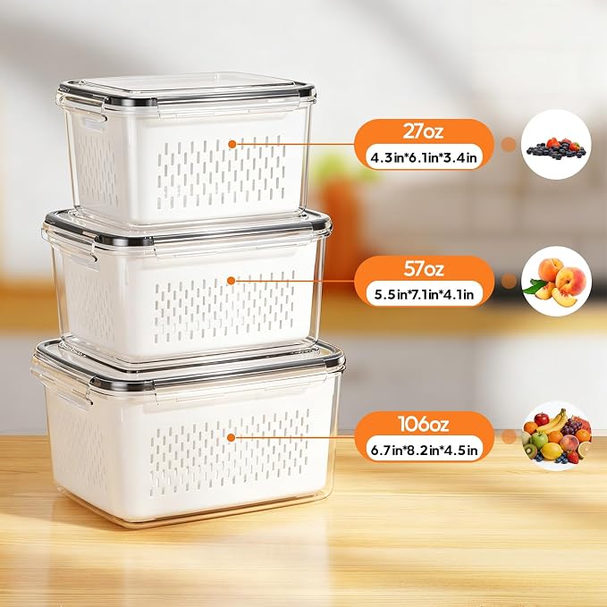JSCARES Fruit Storage Containers for Fridge - 3 Pack Produce Storage Containers with Removable Colander, Leakproof Food Organization Keep Fruits Berry Veggie Salad Meat Fresh Longer