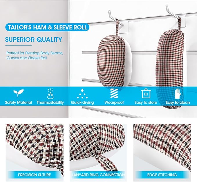 3 BUZZLETT Tailor’s Ham and Seam Roll Set – Premium Tailors Ham for Ironing – Professional Pressing Tools – Linen and Doll Cotton Press Ham for Ironing Smaller Curved Seam