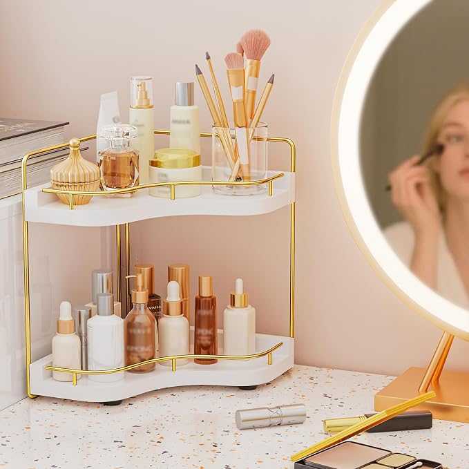 2-Tier Corner Bathroom Counter Organizer, Larger Size | Embedded Screw Holes, Sturdy & Stable, Oversized, Holds More, Vanity Shelf for Makeup & Skincare, White Gold