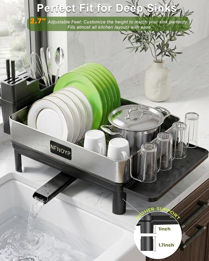 Dish Drying Rack, 304 Stainless Steel Dish Rack and Drainboard Set, Rustproof Dish Drainer with Anti-Pooling Automatic Drainage, Large Capacity Kitchen Counter Organizer, Black