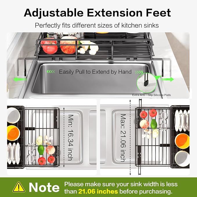 Expandable Over Sink Dish Drying Rack (12.6"-20.5"), Rustproof Metal Dish Drainer with Auto-Draining Tray & Utensil Holder, Large Capacity Sink Organizer for Kitchen Counter, Fits Most Sinks - Black