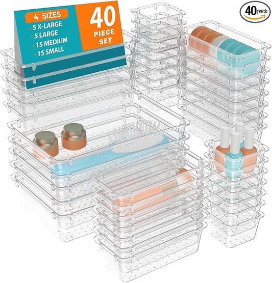 WOWBOX 40 PCS Clear Plastic Drawer Organizer Set, 4 Sizes Desk Drawer Organization and Storage Containers for Makeup, Cosmetics, Jewelry and Gadgets in Kitchen, Bathroom, Bedroom, Office, Clear