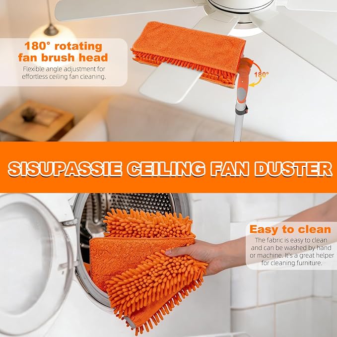 SISIUPASSIE 20FT Reach Ceiling Fan Cleaner Duster, Ceiling Fan Blade Cleaner with Extension Pole, Washable & Replaceable Microfiber Feather Duster Kits