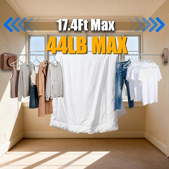 Retractable Clothesline Indoor Outdoor 17.4Ft Non-Sag (1, Dark Wood Grain) | Stainless Steel Heavy Duty Design Laundry Wash Line with Wall Mounted, Space-Saving Drying Rack for Bathroom, Balcony