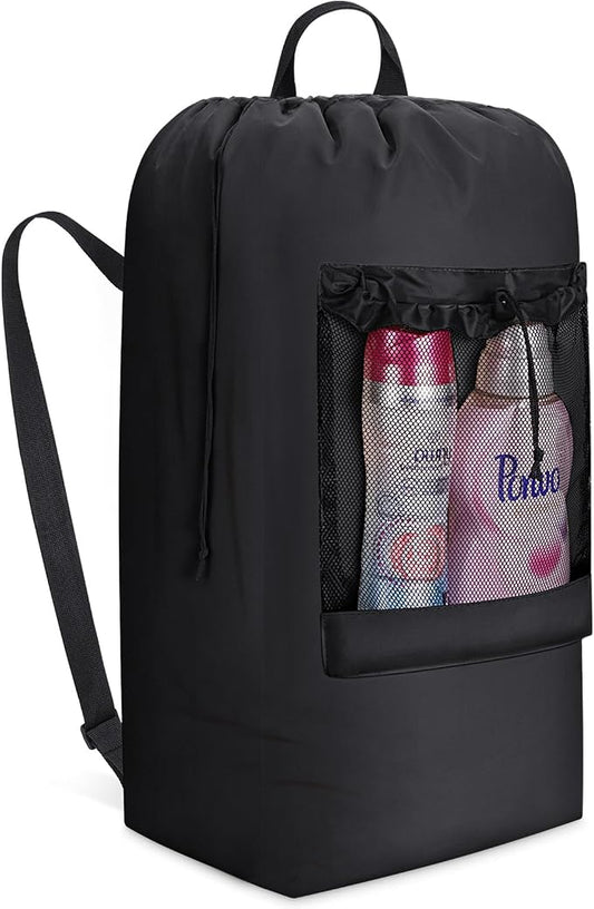 Lifewit Laundry Bag Backpack Travel, 105L, Black | Extra Large Bag with Shoulder Straps and Mesh Pocket for Laundromat, Heavy Duty Basket for Dirty Cloth College Dorm Apartment