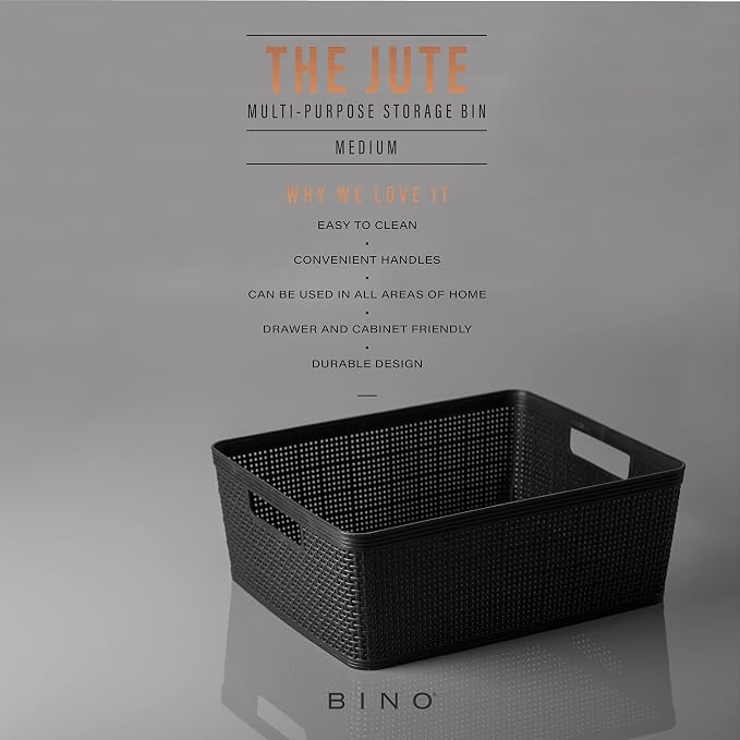BINO | Woven Plastic Basket | Medium (Black), 4-Pack | THE JUTE COLLECTION | Home Organization, Space - Saving Storage, Stylish Design | Jute Basket | Plastic Storage Basket