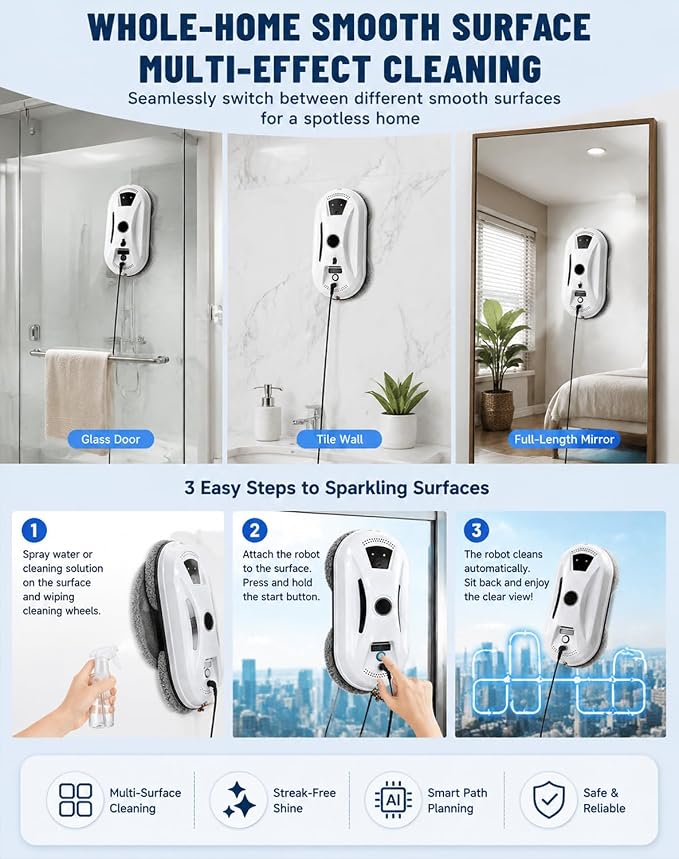 Window Cleaning Robot, Robot Window Cleaner with AI Intelligent Positioning & Edge Detection & Powerful Suction, Anti-Drop Safety for High-Rise Glass & Large Bay Windows