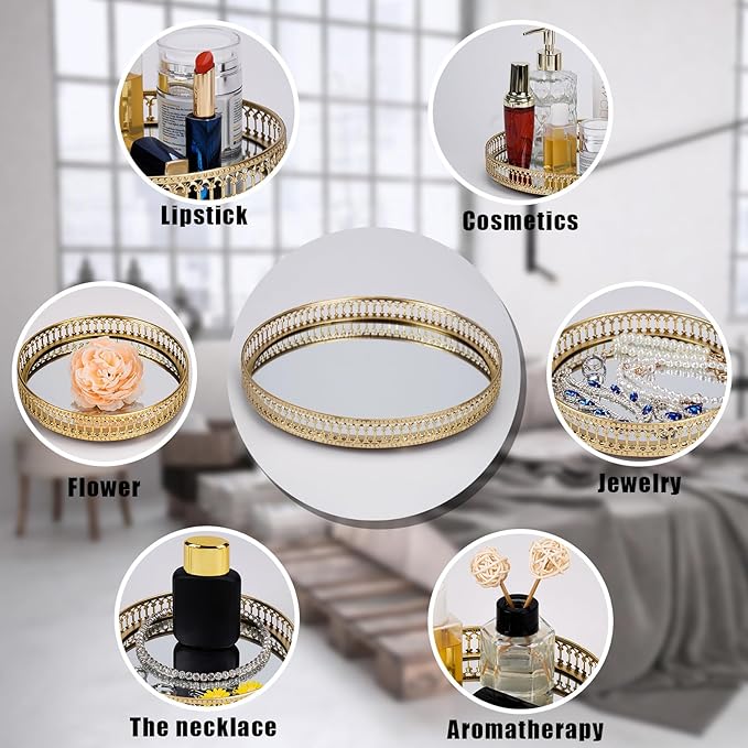Ayswupt Gold Mirrored Vanity Tray for Bathroom Counter,Metal Decorative Jewelry Storage Tray Cosmetic Perfume Organizer for Dresser,Bedroom,Home Decor,Suit for Candle Holder,Coffee Table Centerpiece,L