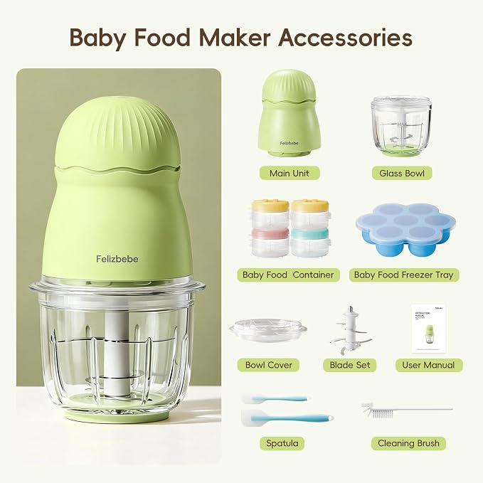 Baby Food Maker, Small Baby Food Processor Set, Fruit, Vegatable, Meat, 10oz Baby Food Maker & Puree Blender with Baby Containers, Food Freezer Tray, Silicone Spoons, Spatula, Green