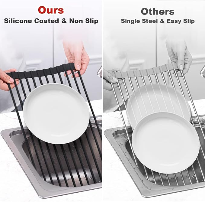 MERRYBOX 20.5" x 13" Roll Up Dish Drying Rack Silicone Wrapped Over The Sink Dish Drying Rack Multipurpose Foldable Sink Drying Mat, Heat-Resistant & Anti-Rust Dish Rack for Kitchen Sink, Large, Black