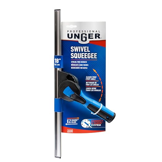 Unger Professional Connect and Clean 18” Swivel Window and Glass Cleaning Squeegee with EZ Change, Large Surfaces with Streak-Free Results, Swiveling Head for Corners and Edges, Rubber Replacement