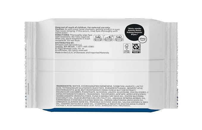 Amazon Basics Makeup Remover Wipes, Gentle Cleansing, Dermatologist Tested, Original, Plant Based, Alcohol-Free, Removes Waterproof Mascara, pH Balanced, 25 Count, 6-Pack