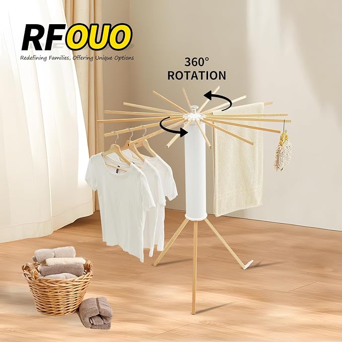 RFOUO Foldable Clothes Drying Rack Tripod with Wooden 16 Rods | Portable，Space-Saving Freestanding Drying Rack for Indoor Outdoor, Apartment, Bedroom, Laundry Room