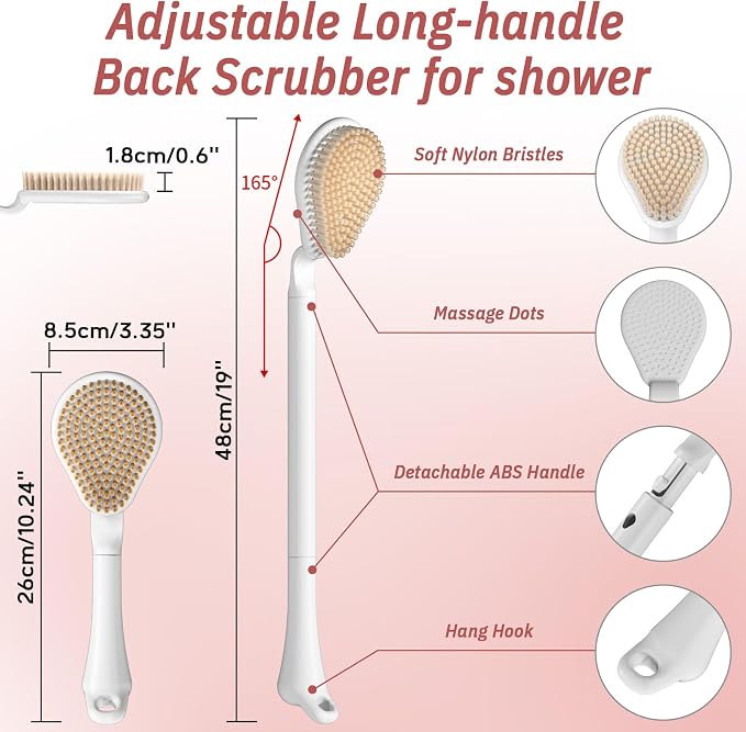 Back Scrubber for Shower & Silicone Bath Glove Set, 19’’ Detachable Long Handle Body Scrubber Wet or Dry Brush, Adjustable 2-in-1 Back & Body Brush with Soft Bristles for Deep Cleaning(Pink)