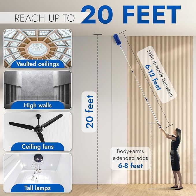 Cobweb Duster, Extendable Reach 20 feet, Ceiling Fan Duster | 3-Stage Aluminum Telescoping Pole | Medium Stiff Bristles | Long Handle Webster Duster for Cleaning | U.S Duster Co.