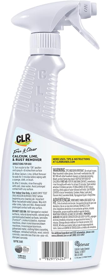CLR Brands Lime & Rust Remover Free & Clear, 26 oz. Bottle | No Added Dyes or Fragrances, Gentle Lime and Bathroom Descaler, Removes Hard Water Stains and Rust Deposits