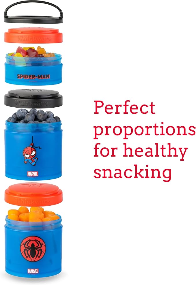 Whiskware Marvel Stackable Snack Containers for Babies, Kids, and Toddlers, 3 Stackable Snack Cups for School or Travel, Formula and Cupholder Friendly, Captain America (Pack of 12)