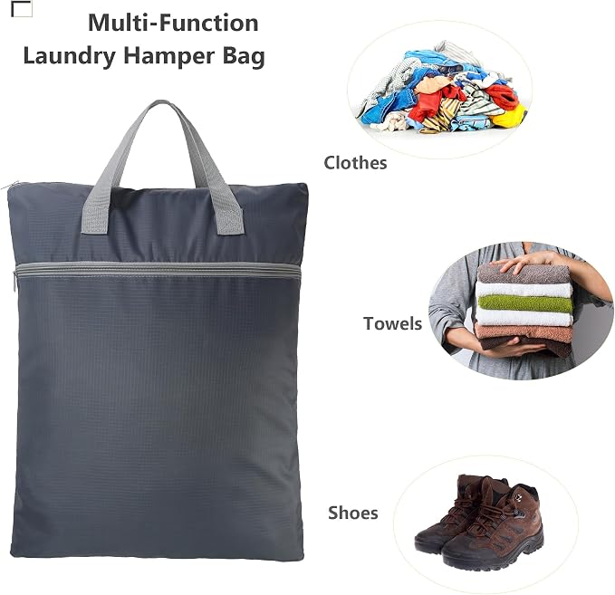 BeeGreen Grey Travel Laundry Bag with Handles & Zipper Pockets Dirty Clothes Hanging Laundry Hamper Heavy Duty Collapsible for College Dorm Gym Beach Pool Swimsuit