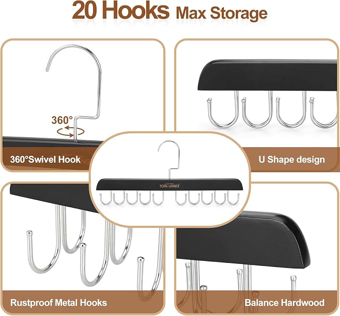 TOPIA HANGER Bra Hanger for Closet, Tank Top Hangers Space Saving Black | 20 Foldable Hooks, 360°Rotating Hooks, Easy to Install, Durable Solid Wood, Space Saving Storage for Bras, Tank Tops, Belts