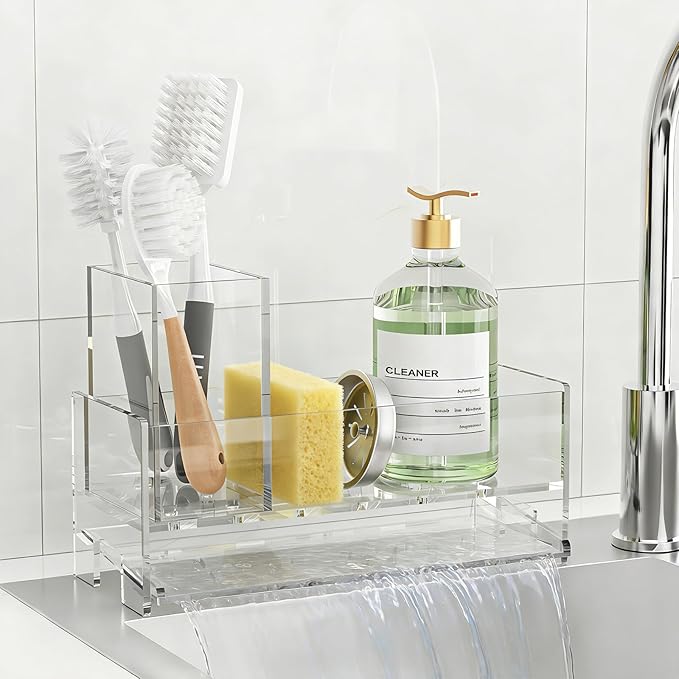Clear Acrylic Kitchen Sink Caddy Organizer, Auto Drain Sponge Holder | Holds high brush & dish soap dispenser. Countertop storage essentials keep your sink dry, rustproof & easy to clean.