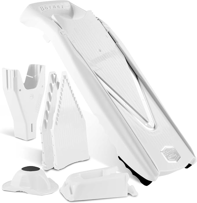 Börner Mandoline Slicer V5 (Professional Set) • Adjustable Vegetable Slicer (7-piece) • 10 Cutting Styles • Kitchen Slicer incl. Docking Station • Stainless Steel V-Blade • Color: White