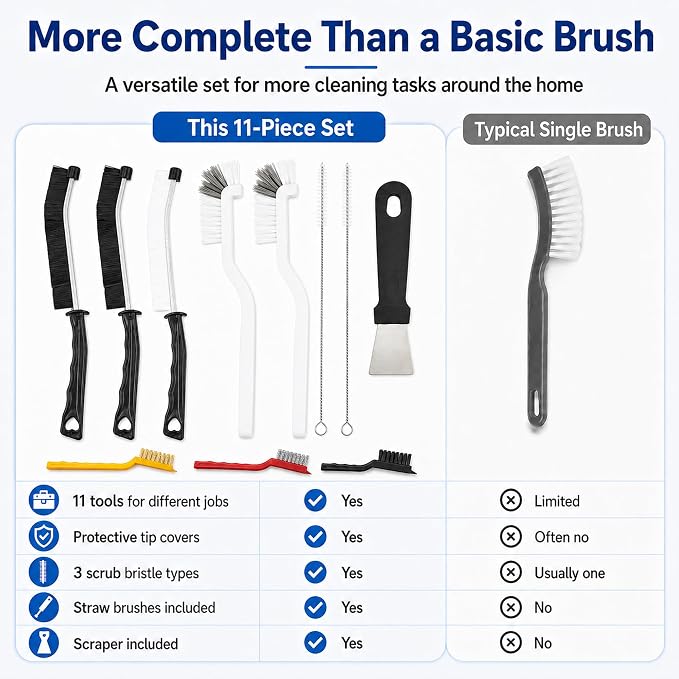 11Pcs Crevice Cleaning Brush Set, Hard Bristle Crevice Cleaning Brush Tool Kit, Thin Brush for Cleaning Tight Spaces, Gaps, Grout, Sink, Bathroom, Kitchen, Window Tracks, Bottles, Straws, with Scraper