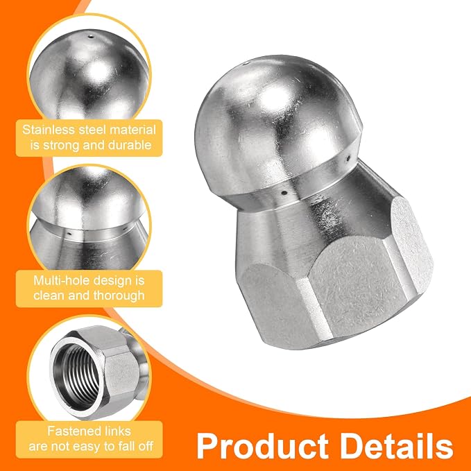 HARFINGTON Pressure Washer Sewer Nozzle 3/8" NPT Orifice 5000 PSI Stainless Steel Drain Blaster Rotating Button Nose Fixed Cleaning Water Hose Jet for Drain Cleaning Hose