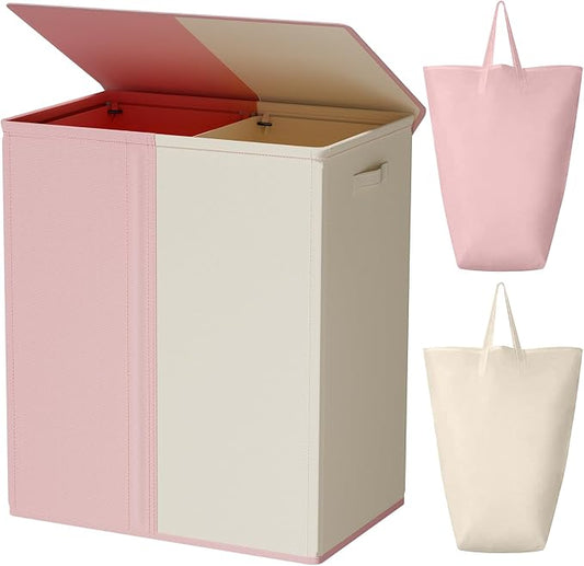 WOWLIVE Double Laundry Hamper with Lid, 154L Large Laundry Basket Organizer | Collapsible Dirty Clothes Hamper 2 Section, with Removable Laundry Bags for Laundry Room, College Dorm, Pink and Beige