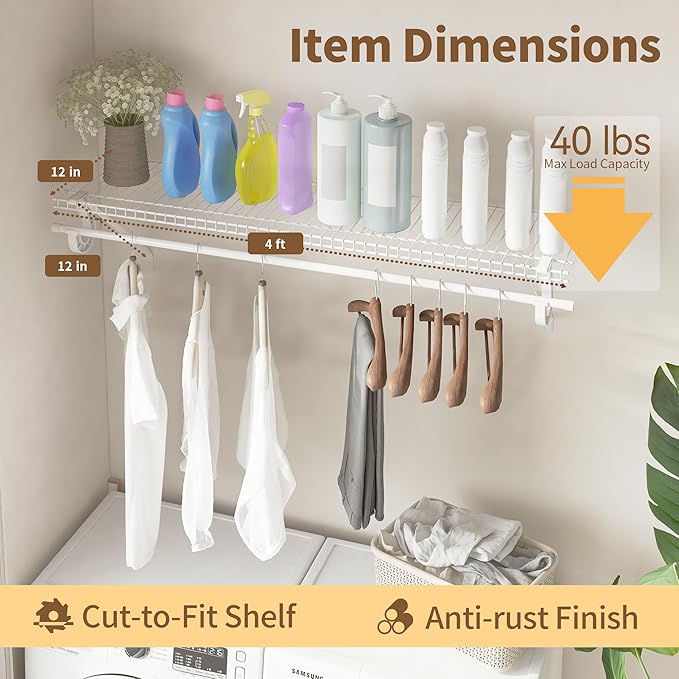PROWORX Closet Shelves Wall Mounted with Hanging Rod, 4 Pack 4 ft x 12 in White Wire Shelving Kit, Metal Wall Shelf Organizer for Home, Pantry, Laundry Room Storage