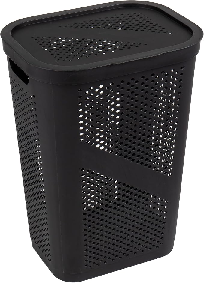 Mind Reader Slim Laundry Hamper with Lid, 60L Ventilated Clothes Baskets, Tapered Design for Bathrooms, Closets, Plastic, Set of 2, Black