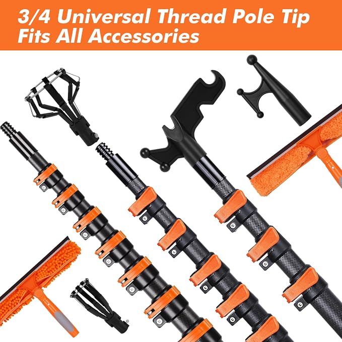 4.7-30FT Carbon Fiber Telescopic Squeegee for Window Cleaning Kit | Ultra-Light Heavy-Duty Carbon Fiber Extension Pole with 3/4 threaded Tip for Wide Accessory Compatibility
