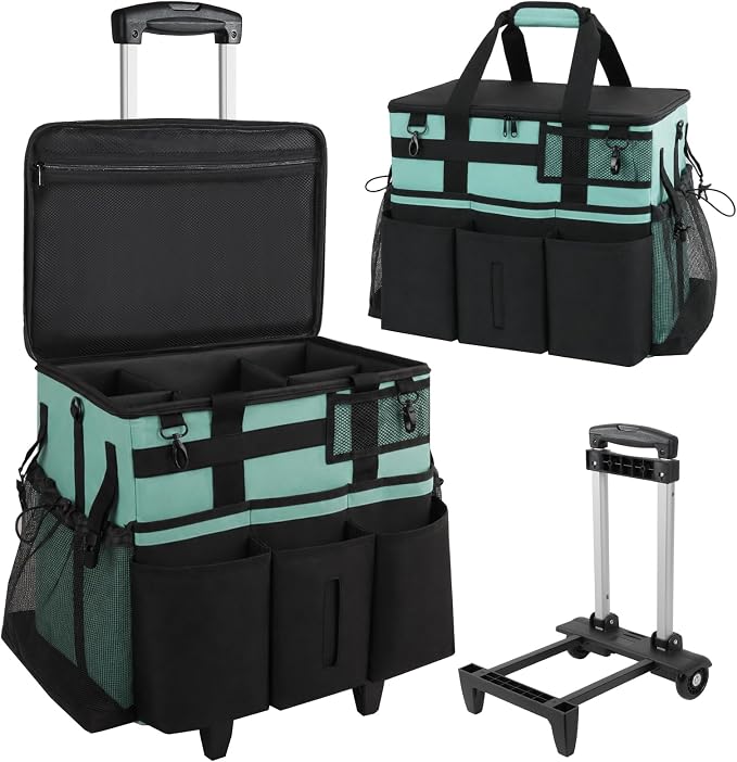 SCAVATA Rolling Cleaning Caddy Bag with Detachable Trolley, Large Cleaning Supplies Organizer with Wheels, Multi-Pocket Cleaning Cart with Adjustable Shoulder Strap for Housekeepers (CyanBlue)