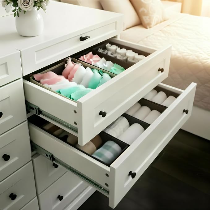 Bructhun Sock Drawer Organizer 3 Pack - Collapsible Fabric Storage Bins for Underwear Divider, Small Closet Organizers with 3 Compartments, Gray