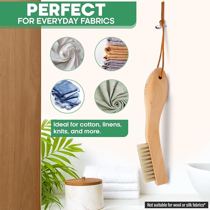 Laundry Stain Remover Clothes Brush Set of 2 Natural Soft Boar Bristle White & Black for Scrubbing Out Tough Stains on Delicate Fabrics, Knits, Cotton, Linens, Small Brush