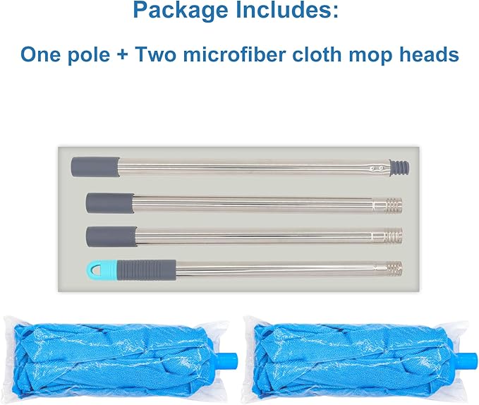 EaseYourDay Screw On Microfiber String Mop, One Stainless Steel Pole + Two Blue Microfiber Cloth Mop Heads