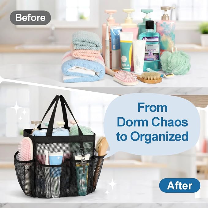 Mesh Shower Caddy Portable - 2 Packs, S-Hook, Shower Bag for Dorm Camping | 8 Pockets, 2-Handle, Quick-Dry, Toiletry Organizer, College Dorm Room Essentials for Girls, Gym, Travel & Bathroom, Black