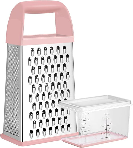 Urbanstrive Cheese Grater With Container, Professional Cheese Grater with Handle, Stainless Steel Graters for Kitchen Handheld, Box Grater with 4 Sides for Vegetables, Ginger, Potatoes (Pink)