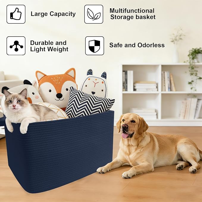 65L Large Laundry Basket with Handles,Woven Blanket Basket,Navy | 21"×16"×12" Collapsible Cotton Rope Storage Basket for Toys Clothes & Pillows, Nursery, Bathroom, Bedroom, Living Room