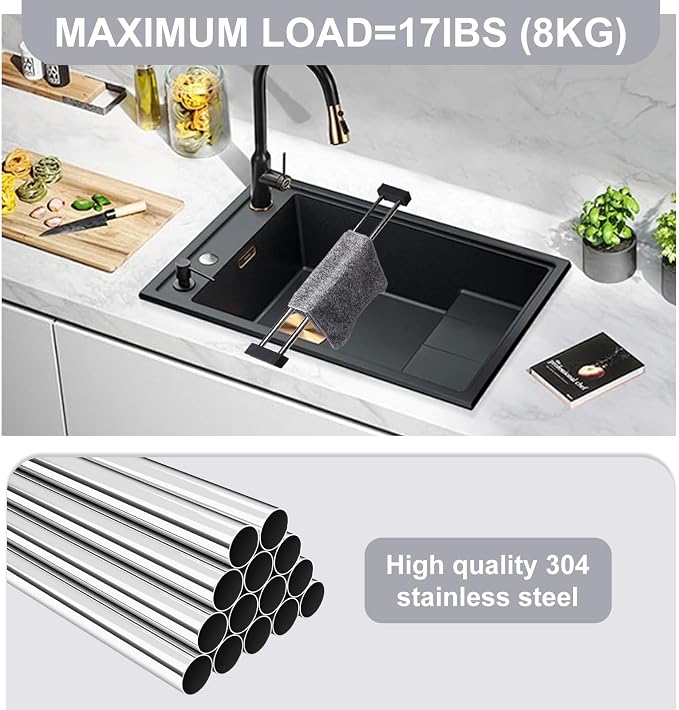 Dishcloth Drying Rack Sink with 2 Rags, Dish Towel Rack Stretchable Wash Dish Cloth Holder for Kitchen Stainless Dish Rag Holder for Sink Accessories for Drying