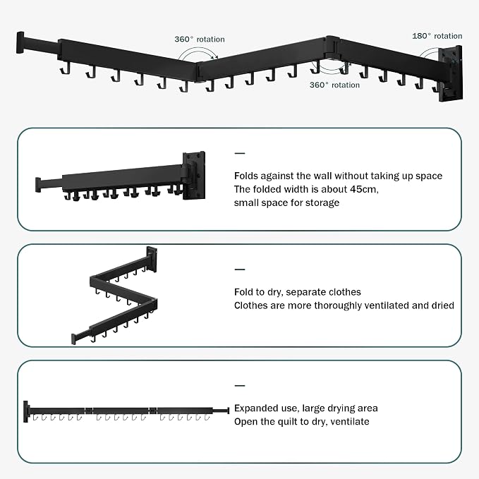 ZdwCyl Clothes Drying Rack,Laundry Drying Rack Wall Mount, Space Saver Clothes Rack,Retractable,Collapsible(Tri-Fold), for Balcony,Laundry,Bathroom, Dark Grey Color,3z-g02