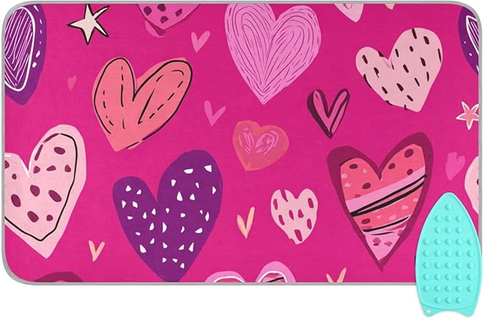 Hot Pink Doodle Hearts Stars Valentine Ironing Mat Portable Ironing Pad Blanket with Silicone Iron Rest for Table Top Travel Heat Resistant Double-Side Using Large 47x28 Inch Foldable