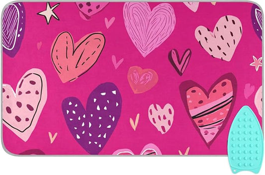 Hot Pink Doodle Hearts Stars Valentine Ironing Mat Portable Ironing Pad Blanket with Silicone Iron Rest for Table Top Travel Heat Resistant Double-Side Using Large 47x28 Inch Foldable