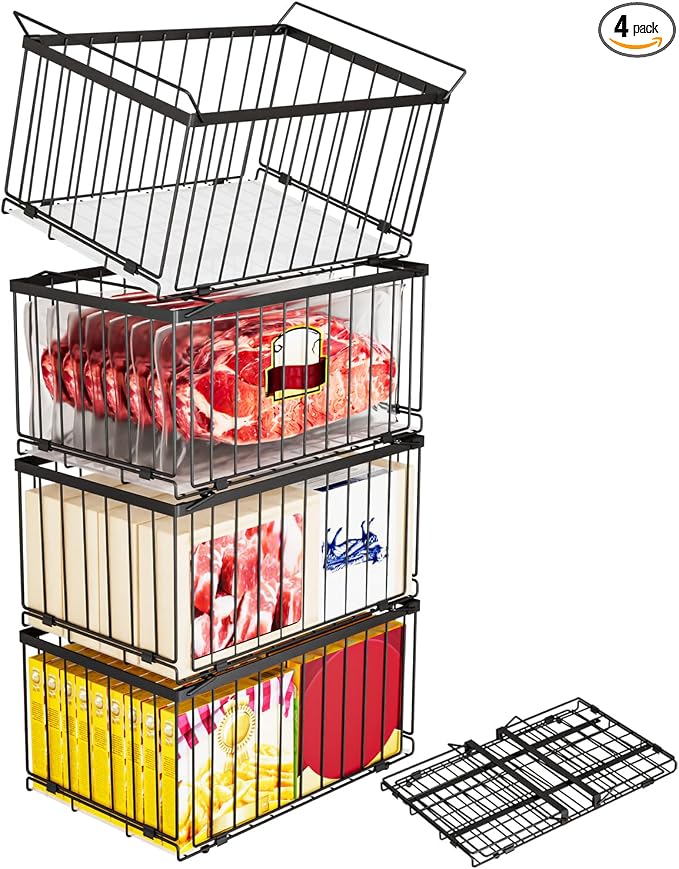 Large Freezer Organizer Bins, Upgrade Quick Expand/Collapse Feature, for 5-9 Cu.Ft Deep Freezer, 4 Pack Stackable Deep Freezer Organizer Bins, Black Wire Foldable Baskets (Black 4 Pack)