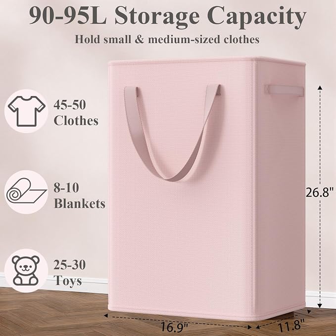 Optish 90L Pink Slim Laundry Hamper, Large Laundry Basket with Handles, Baby Hamper for Nursery, Dorm, Bedroom, Living Room, Collapsible Laundry Basket