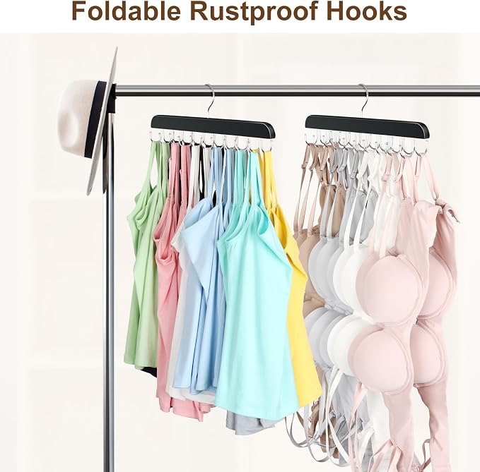 Tank Top Hanger with 40 Hooks for Closet Organizer, Premium Wood Bra Hanger | 2 Pack Foldable Space Saving Hangers Closet Organizers and Storage, Closet Accessories Multi Hook Hanger for Dorm & Apartment